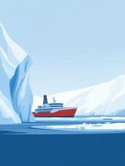 Poster - Exploring icy waters with a ship navigating through glacial landscapes in a remote polar region. Generative AI