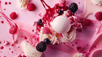 Wall Mural - Ice cream with berries and syrup splashing on pink background