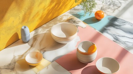 Canvas Print - Sunny picnic setup with pastel plates and citrus fruits