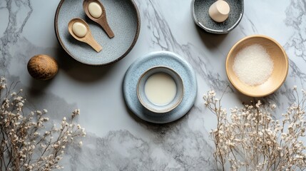 Wall Mural - Minimalist tableware set on a marble surface with soft natural light