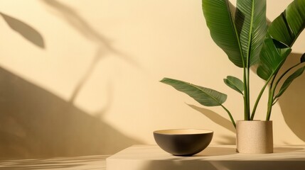 Wall Mural - Minimalist interior with potted plant and shadows on a wall