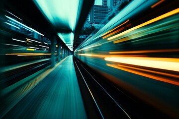 Poster - Dramatic motion blur of a train speeding along the platform creating a sense of dynamic energy : Generative AI