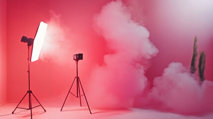 Wall Mural - Vibrant studio setup with pink smoke and professional lighting