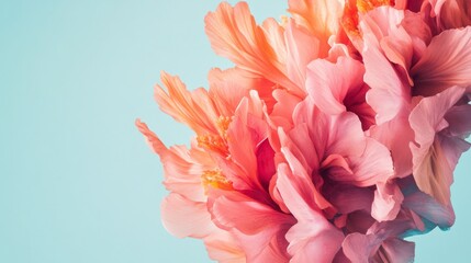 Wall Mural - Close-up of vibrant pink flowers on a turquoise background