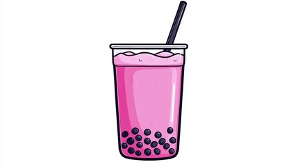 A colorful bubble tea drink in a clear cup with black tapioca pearls and a straw.