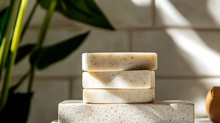 Aufkleber - Aesthetic arrangement of natural soap bars placed on a textured background with soft shadows and green foliage : Generative AI