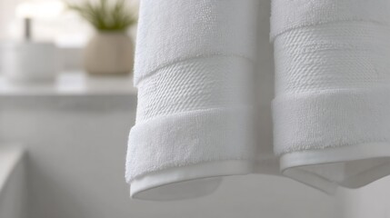 Leinwandbilder - Soft and fluffy white towels hanging elegantly in a modern bathroom setting creating a serene ambiance : Generative AI