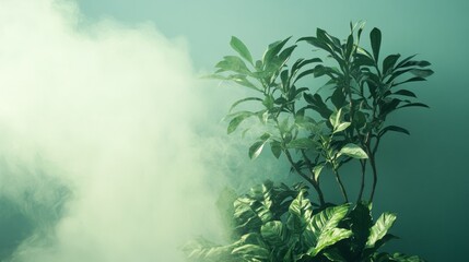 Wall Mural - Green plant surrounded by smoke against a pastel background