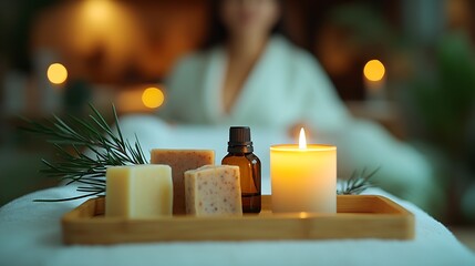 Poster - Soothing spa scene with natural soap candles essential oils and aromatic elements on a wooden tray : Generative AI