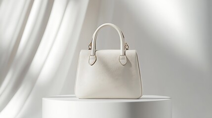 Aufkleber - Elegant white handbag displayed on a clean pedestal against soft draped fabric background for fashion photography : Generative AI