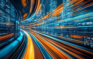 Fototapete - Vibrant urban landscape with streaks of light illustrating high-speed travel in a futuristic city environment : Generative AI