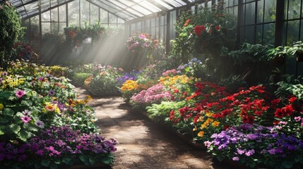 Sticker - Sunlit Greenhouse: A Vibrant Display of Blossoms