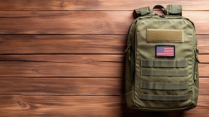 Green military backpack with USA flag patch on wooden background
