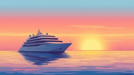 Poster - Luxury yacht sailing at sunset over calm waters creating a picturesque skyline with warm orange and purple hues. Generative AI