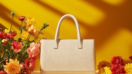 Poster - Elegant cream handbag placed next to vibrant flowers in a sunny yellow setting for fashion photography : Generative AI