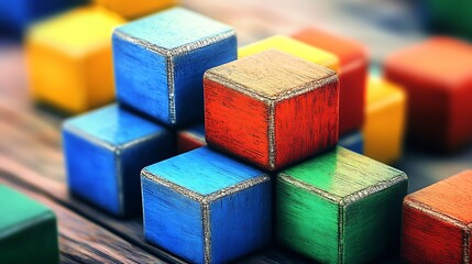 Poster - Vivid and colorful wooden building blocks inviting playful creativity and exploration in a child’s play area : Generative AI