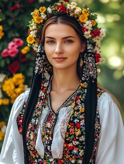 Radiant young woman adorned in traditional attire with a floral crown surrounded by a lush garden : Generative AI