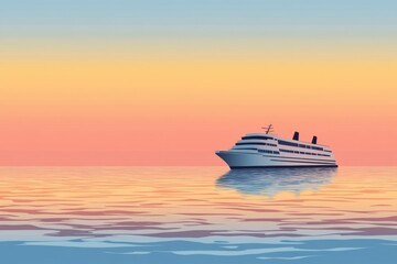 Poster - Cruise ship gliding through calm waters at sunset with vibrant sky reflected on the ocean surface. Generative AI
