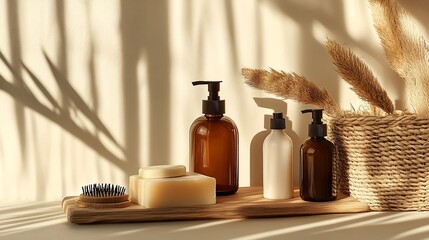 Aufkleber - Elegant presentation of assorted cosmetic bottles and handmade soap on wooden tray with decorative elements and soft light : Generative AI