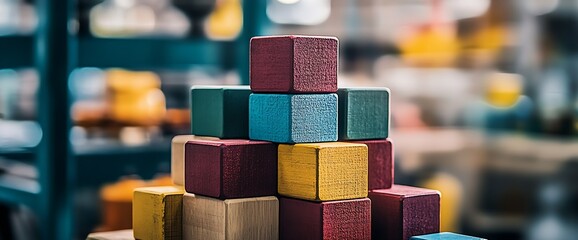 Leinwandbilder - A Vibrantly Stacked Collection of Colorful Wooden Blocks Creating a Playful Childhood Scene : Generative AI
