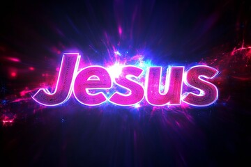 Fototapete - Colorful neon style design showcasing the name Jesus with radiant energy and effects : Generative AI