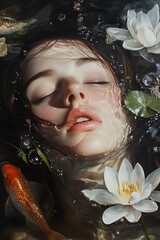 Aufkleber - Dreamy underwater portrait of a serene woman surrounded by fish and flowers : Generative AI