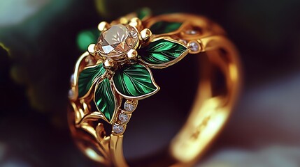 Poster - Stunning gold ring adorned with leaves and a shimmering centerpiece reflecting light beautifully : Generative AI