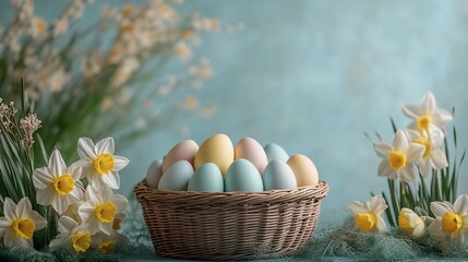Poster - Colorful Easter eggs in a wicker basket surrounded by vibrant flowers and greenery for a festive spring atmosphere : Generative AI