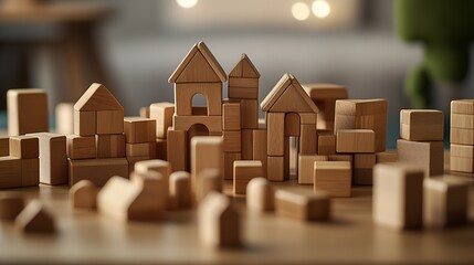 Leinwandbilder - Colorful display of assorted wooden blocks forming houses and structures inviting imaginative play for children : Generative AI