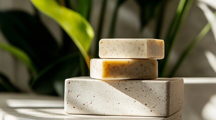 Aufkleber - Charming close-up of stacked natural soap bars with gentle sunlight reflecting off nearby lush leaves : Generative AI
