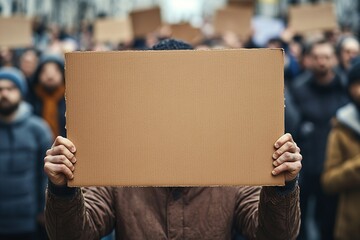 Blank cardboard sign held up in a crowd, representing protest, environmental movement, and social suffering with copy space