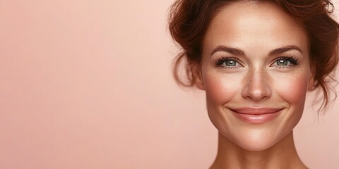 Aufkleber - Captivating portrait of a smiling woman with beautiful skin against a soft pastel background : Generative AI