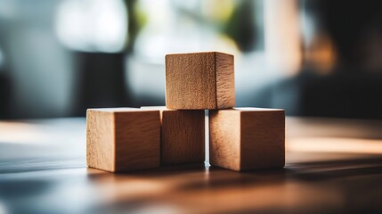 Leinwandbilder - Close-up of four minimalist wooden blocks arranged artistically on a wooden table emphasizing their texture and design : Generative AI