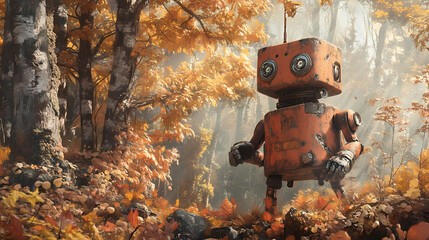 Wall Mural - Rusty robot in autumn woods: a whimsical journey into the heart of nature with a unique mechanical companion. Mechanical Forests. Illustration