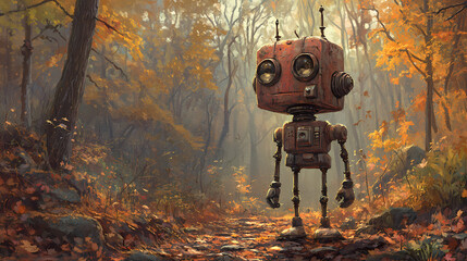 Wall Mural - Rusty robot in autumn woods: a whimsical journey into the heart of nature with a unique mechanical companion. Mechanical Forests. Illustration