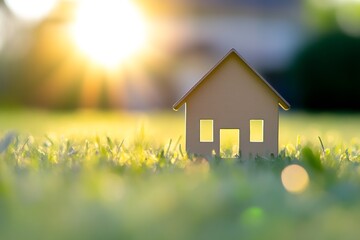 Aufkleber - Charming paper house model surrounded by bright grass backlit by soft sunset glow : Generative AI