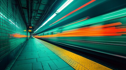 Poster - Dynamic subway station scene with high-speed train motion captured in vibrant colors : Generative AI