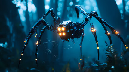 Wall Mural - A futuristic, mechanical spider with glowing lights, standing on a web in a dark forest. Mechanical Forests. Illustration