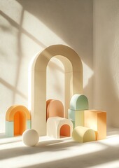 Leinwandbilder - Minimalist Arrangement of Colorful Soft Play Blocks Bathed in Gentle Light : Generative AI