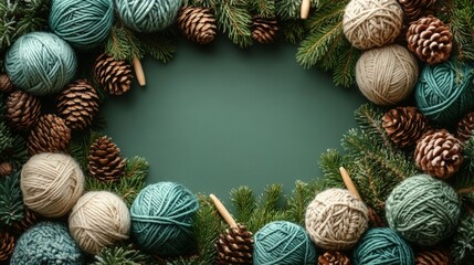 Wall Mural - A wreath of yarn and pine cones. The yarn is in various colors and the pine cones are brown