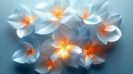 Poster - Beautiful display of soft glowing white flowers with gentle petals arranged artistically against a calming blue backdrop : Generative AI