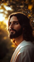 Aufkleber - Charming portrait of a young man with rich hair and beard in a glowing natural setting : Generative AI