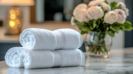 Aufkleber - Two plush white towels laid gently on a marble surface with soft pink roses in the background : Generative AI