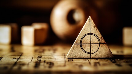 Poster - Wooden triangular piece with targeting design on a blurred background of other wooden shapes : Generative AI