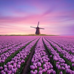 Wall Mural - Vibrant tulip fields under a colorful sky with a traditional windmill, showcasing nature's beauty and serenity, floral landscape concept