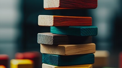 Poster - Vibrant Wooden Blocks Stacked in a Unique Fashion for Engaging Playtime Fun : Generative AI