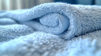 Leinwandbilder - Luxurious Rolled Blue Towel Capturing Softness and Woven Texture Against a Blurred Background : Generative AI