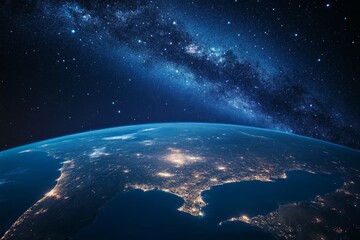 Wall Mural - earth's night lights, milky way backdrop, space view, planet