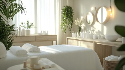 Wall Mural - Contemporary Spa Treatment Room with Greenery and Soft Textures : Generative AI