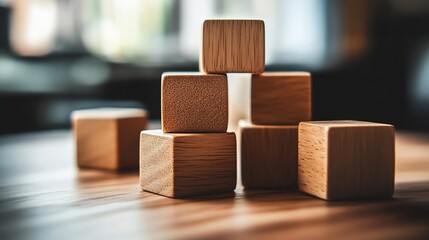 Leinwandbilder - A taller arrangement of wooden blocks creating a small tower effect on a finely crafted wooden surface for a playful setting : Generative AI